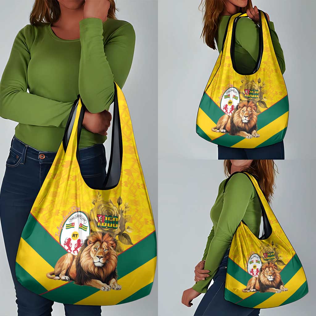 Happy Togo Independence Day Grocery Bag Lion With Coat Of Arms - Kente Pattern