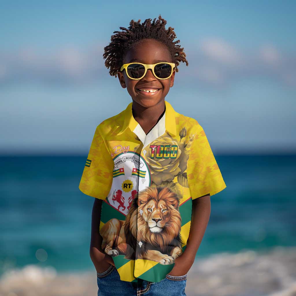 Happy Togo Independence Day Kid Hawaiian Shirt Lion With Coat Of Arms - Kente Pattern