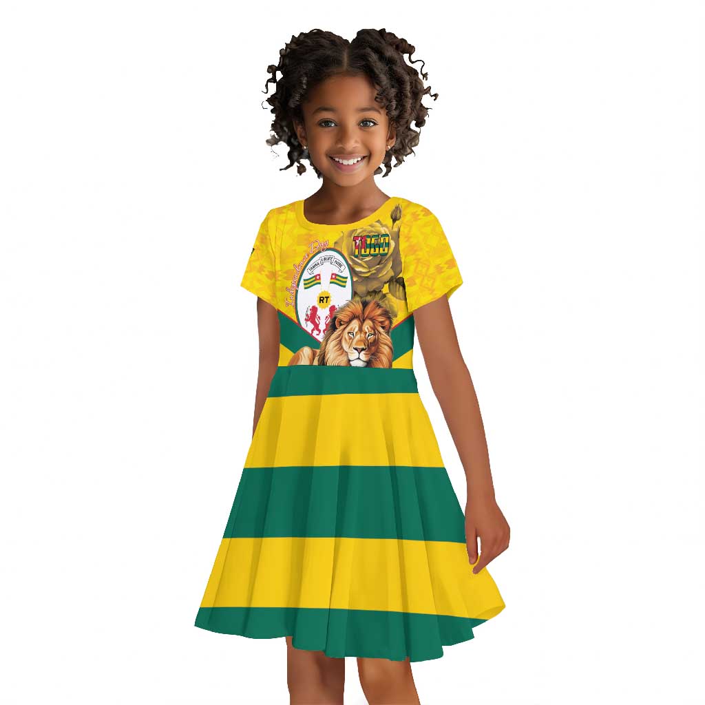 Happy Togo Independence Day Kid Short Sleeve Dress Lion With Coat Of Arms - Kente Pattern