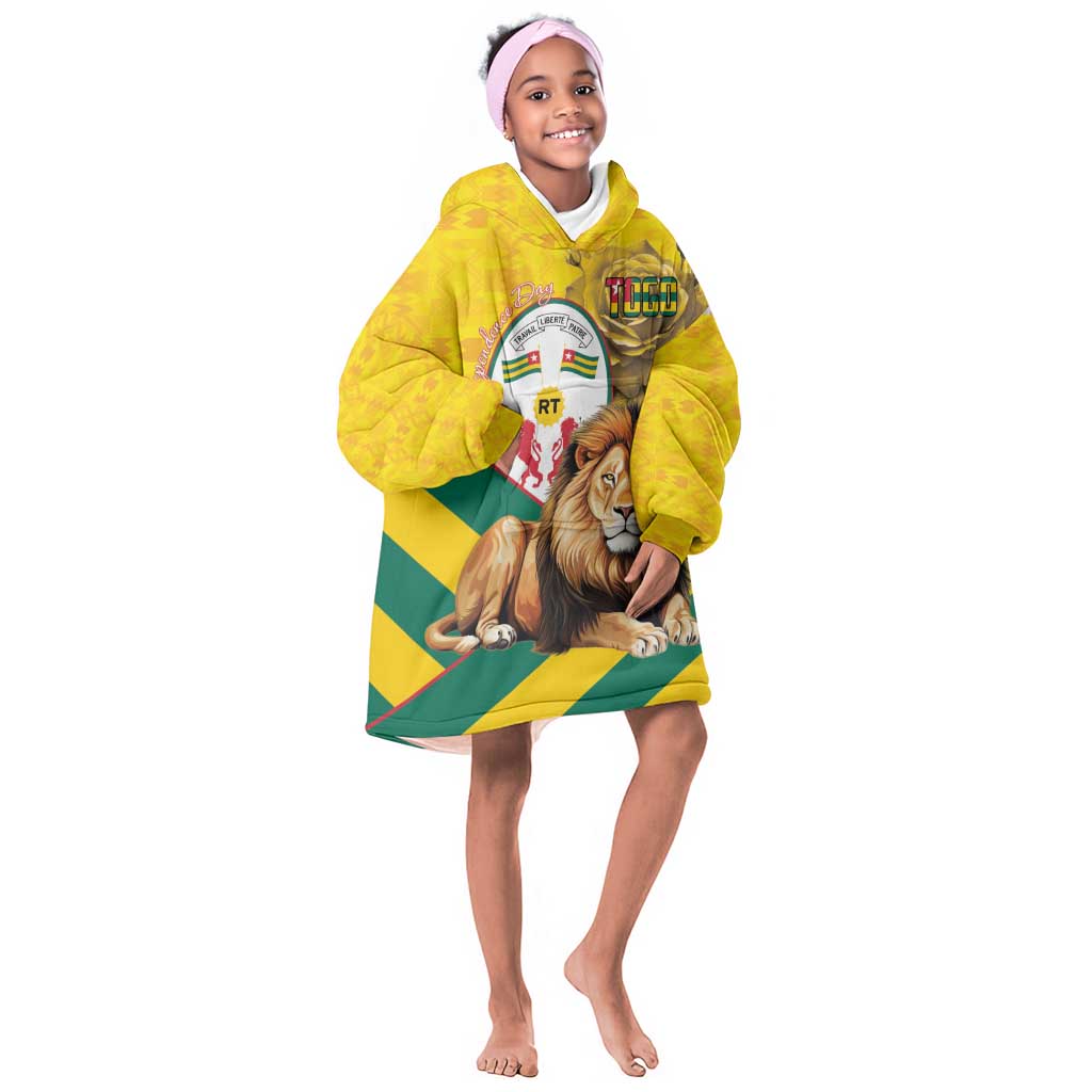 Happy Togo Independence Day Kid Wearable Blanket Hoodie Lion With Coat Of Arms - Kente Pattern