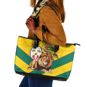 Happy Togo Independence Day Leather Tote Bag Lion With Coat Of Arms - Kente Pattern