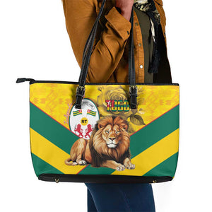 Happy Togo Independence Day Leather Tote Bag Lion With Coat Of Arms - Kente Pattern