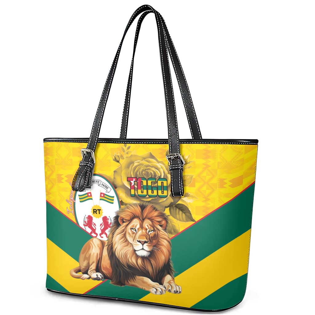 Happy Togo Independence Day Leather Tote Bag Lion With Coat Of Arms - Kente Pattern