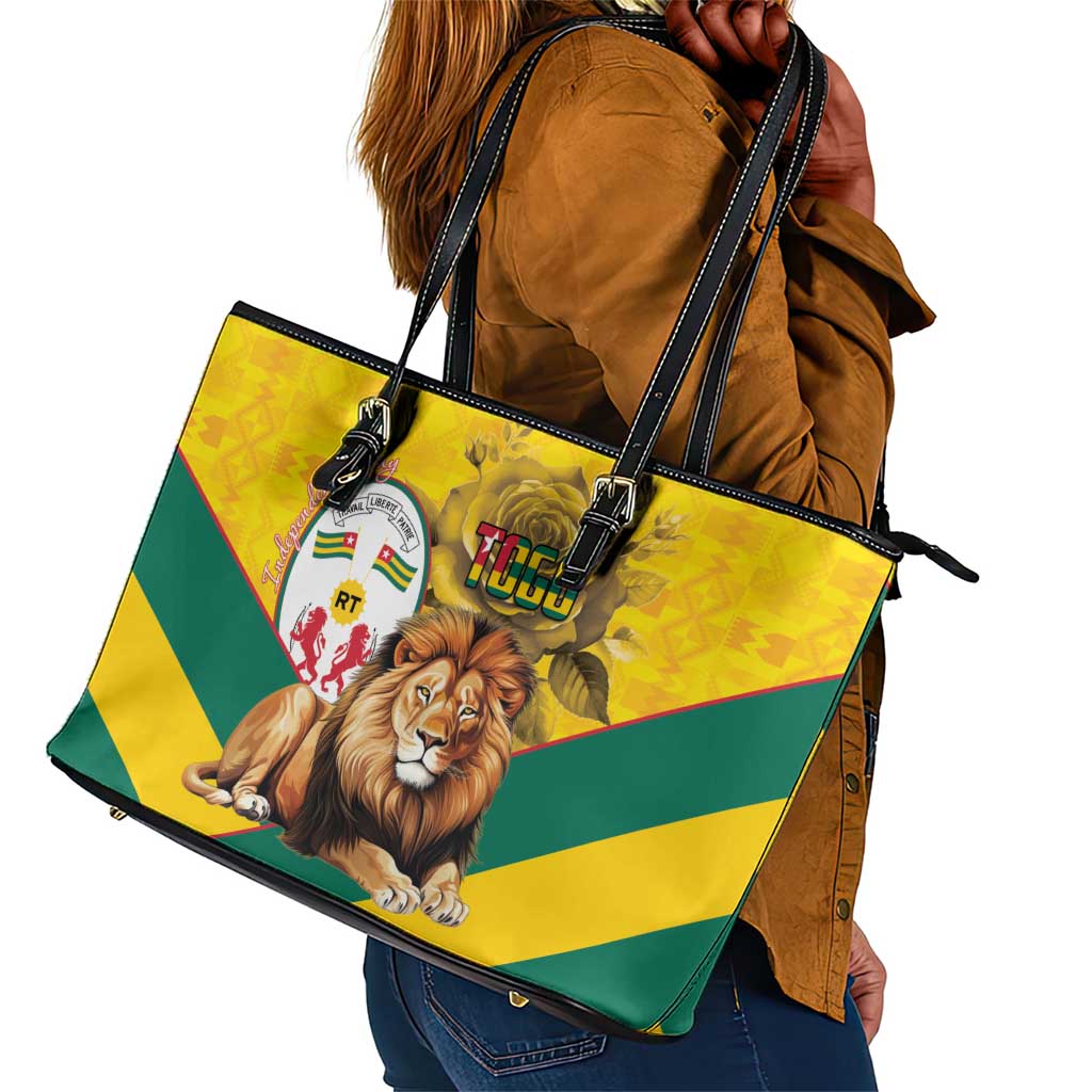 Happy Togo Independence Day Leather Tote Bag Lion With Coat Of Arms - Kente Pattern
