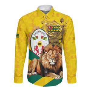 Happy Togo Independence Day Long Sleeve Button Shirt Lion With Coat Of Arms - Kente Pattern