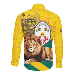 Happy Togo Independence Day Long Sleeve Button Shirt Lion With Coat Of Arms - Kente Pattern