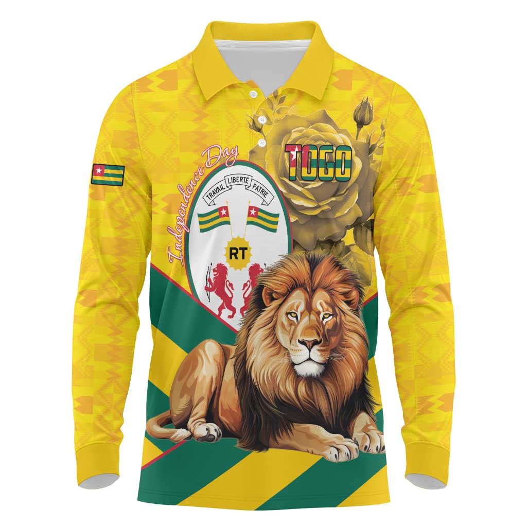 Happy Togo Independence Day Long Sleeve Polo Shirt Lion With Coat Of Arms - Kente Pattern