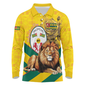Happy Togo Independence Day Long Sleeve Polo Shirt Lion With Coat Of Arms - Kente Pattern