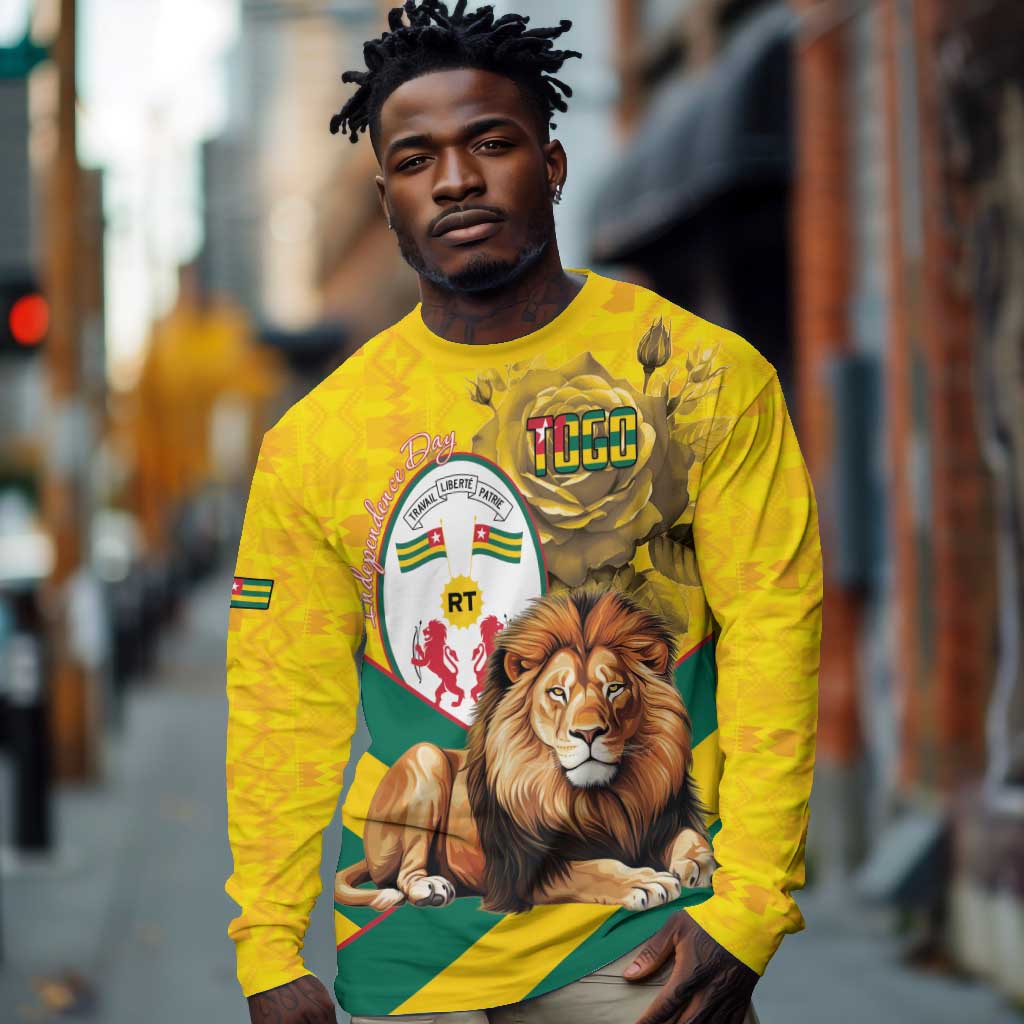 Happy Togo Independence Day Long Sleeve Shirt Lion With Coat Of Arms - Kente Pattern