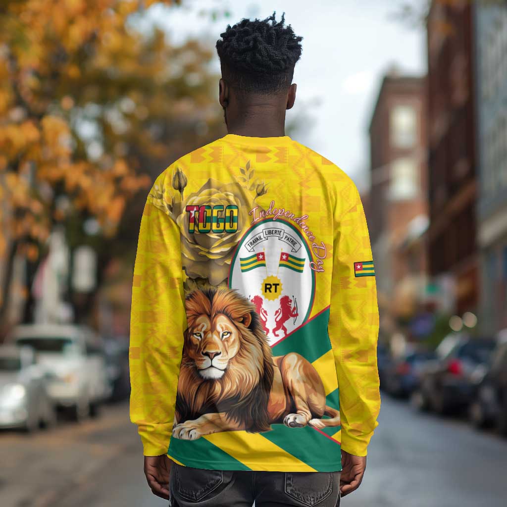 Happy Togo Independence Day Long Sleeve Shirt Lion With Coat Of Arms - Kente Pattern