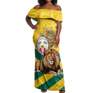 Happy Togo Independence Day Off Shoulder Maxi Dress Lion With Coat Of Arms - Kente Pattern
