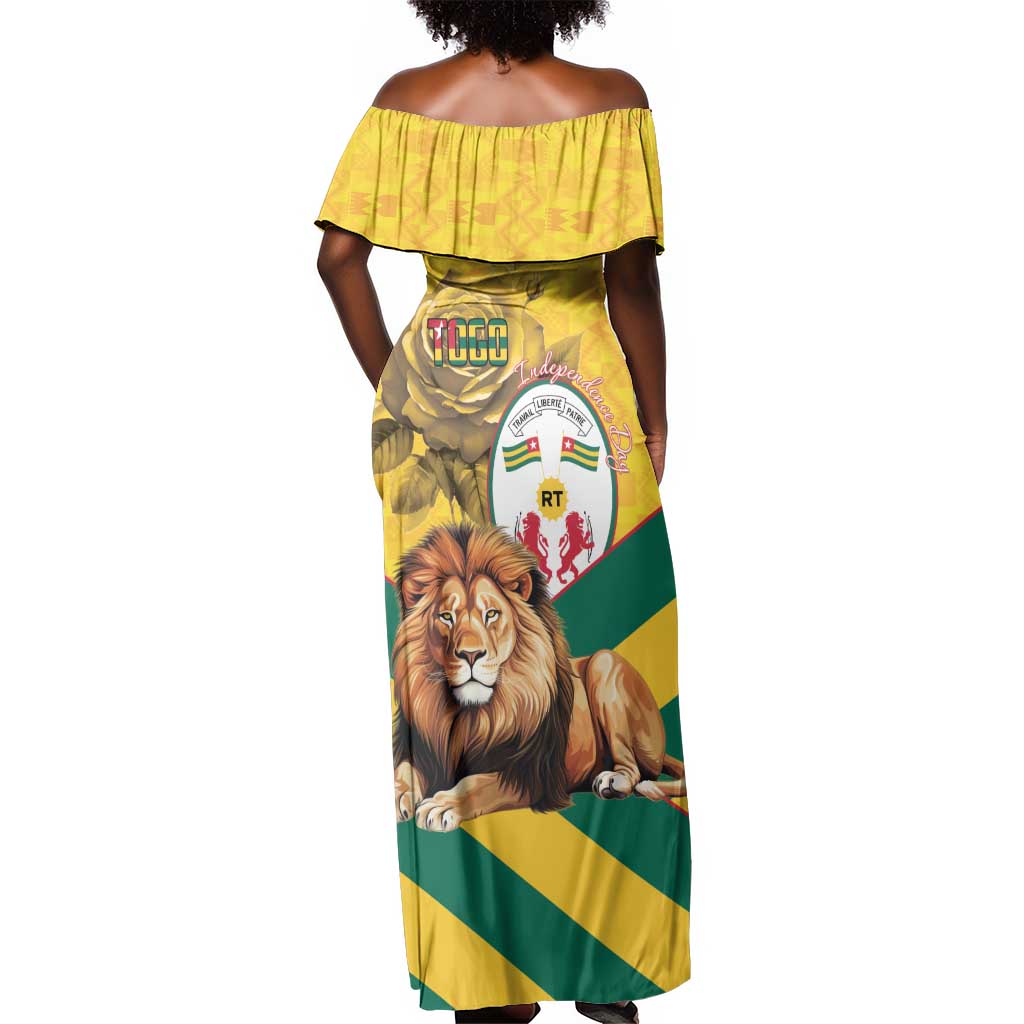 Happy Togo Independence Day Off Shoulder Maxi Dress Lion With Coat Of Arms - Kente Pattern