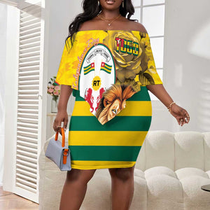 Happy Togo Independence Day Off Shoulder Short Dress Lion With Coat Of Arms - Kente Pattern