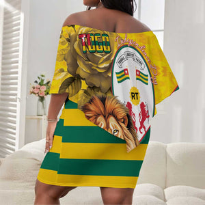 Happy Togo Independence Day Off Shoulder Short Dress Lion With Coat Of Arms - Kente Pattern