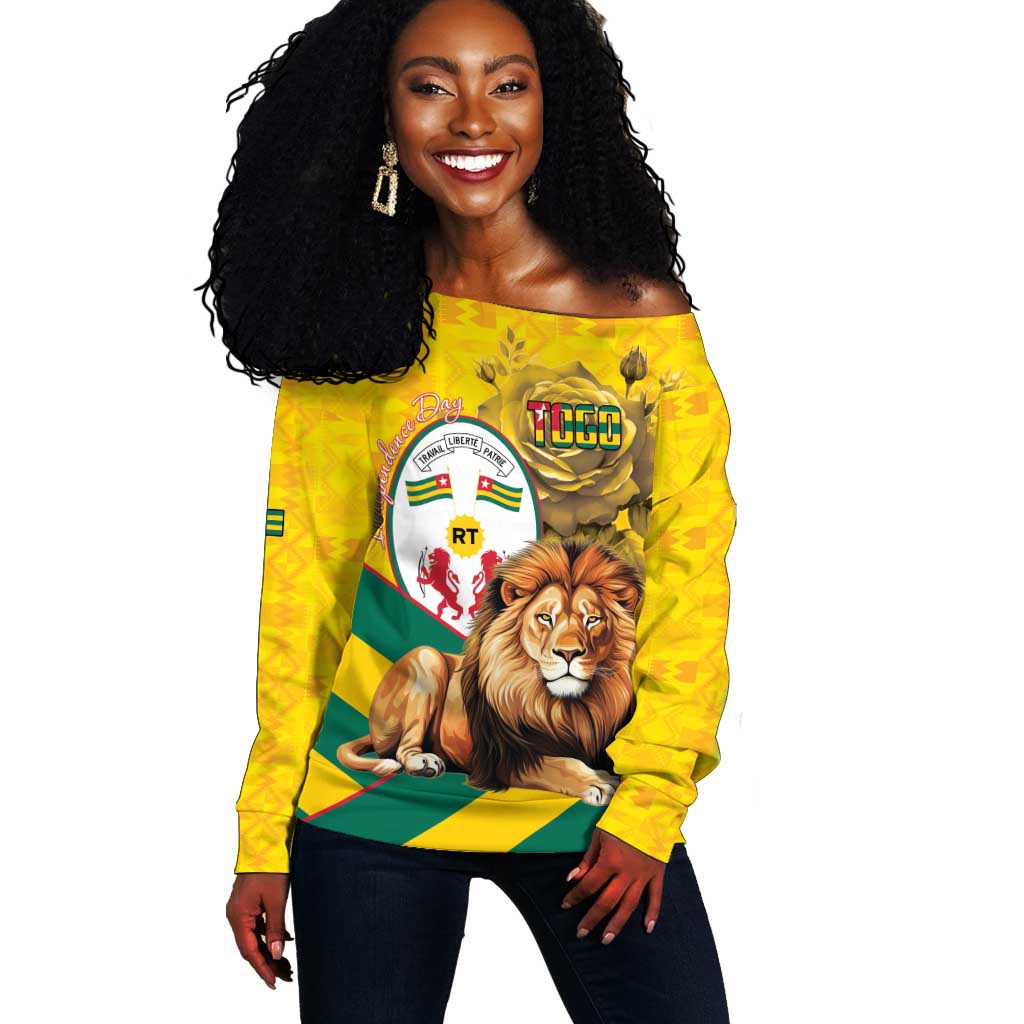 Happy Togo Independence Day Off Shoulder Sweater Lion With Coat Of Arms - Kente Pattern