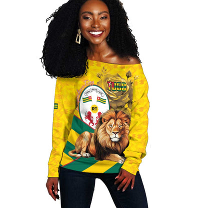 Happy Togo Independence Day Off Shoulder Sweater Lion With Coat Of Arms - Kente Pattern