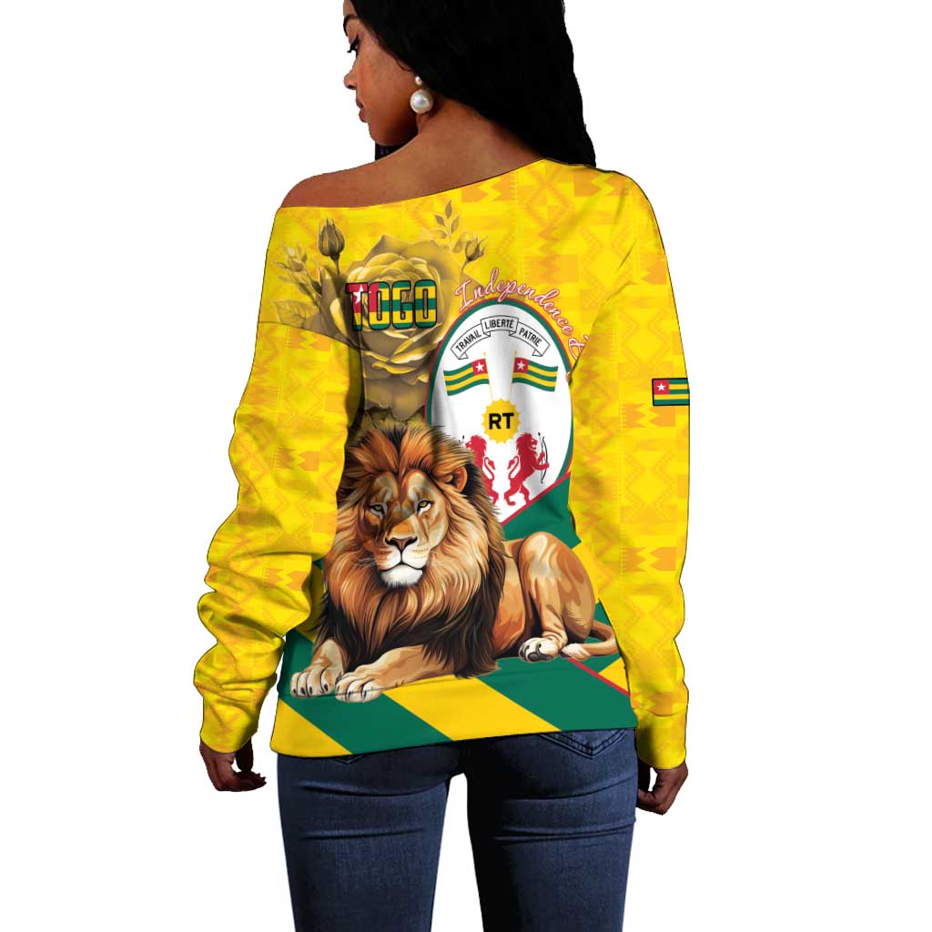 Happy Togo Independence Day Off Shoulder Sweater Lion With Coat Of Arms - Kente Pattern
