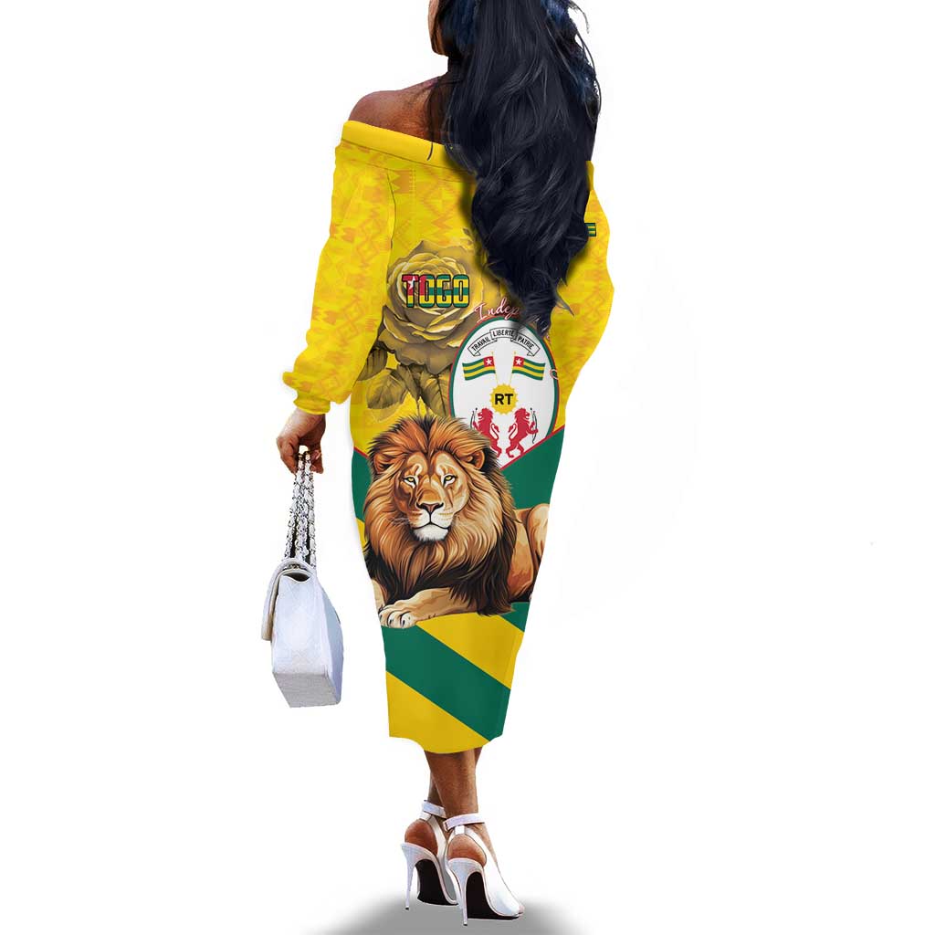 Happy Togo Independence Day Off The Shoulder Long Sleeve Dress Lion With Coat Of Arms - Kente Pattern