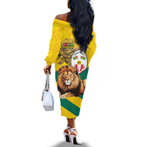 Happy Togo Independence Day Off The Shoulder Long Sleeve Dress Lion With Coat Of Arms - Kente Pattern