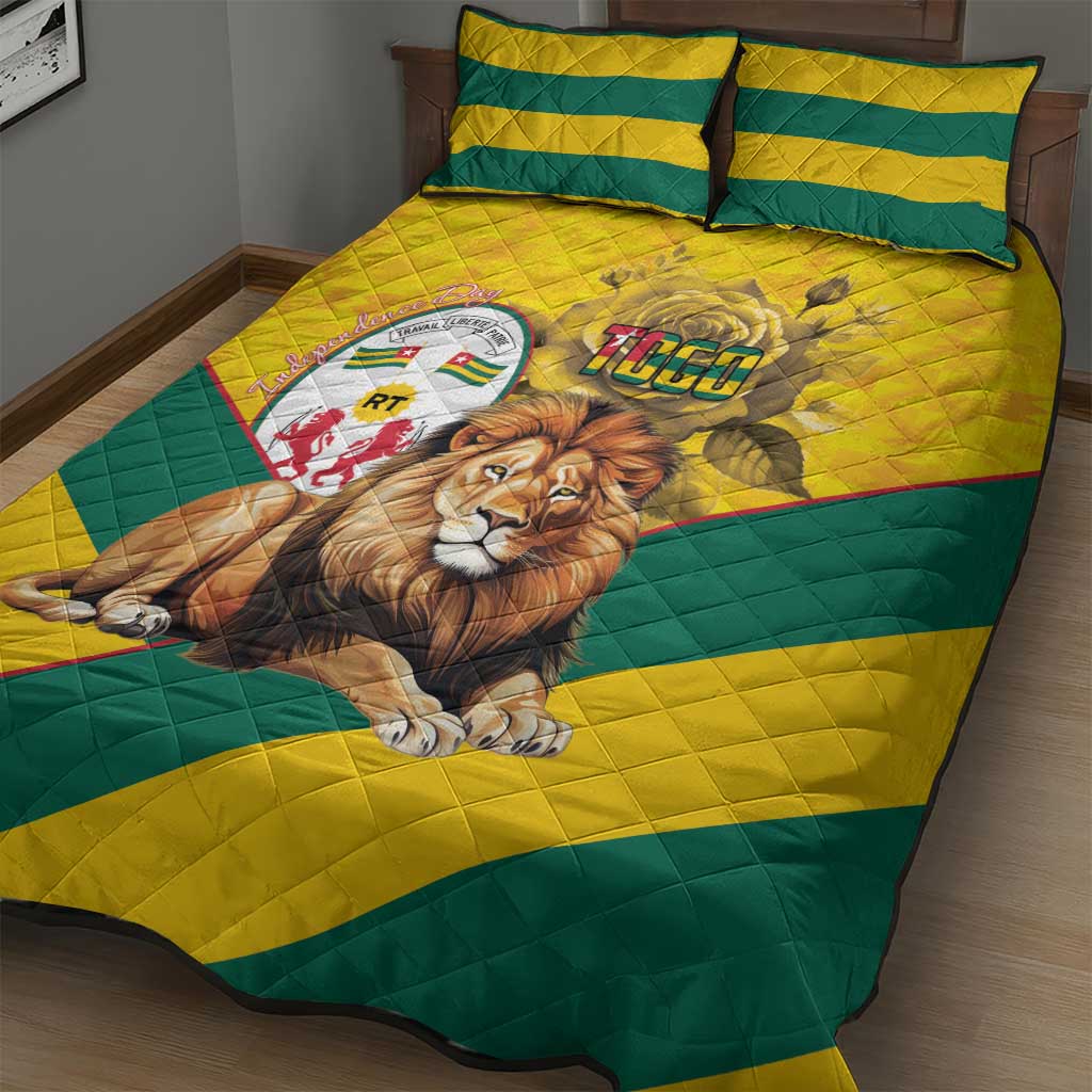 Happy Togo Independence Day Quilt Bed Set Lion With Coat Of Arms - Kente Pattern