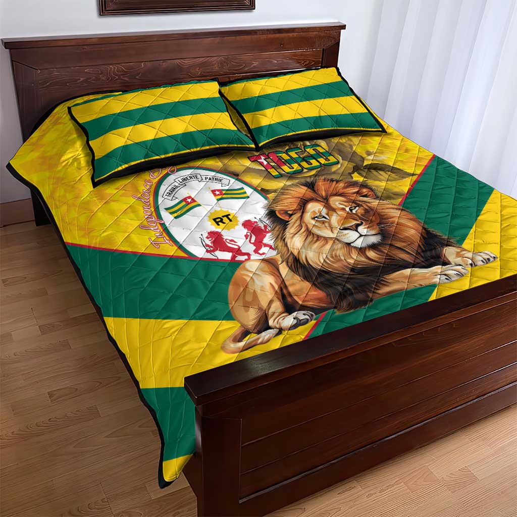 Happy Togo Independence Day Quilt Bed Set Lion With Coat Of Arms - Kente Pattern