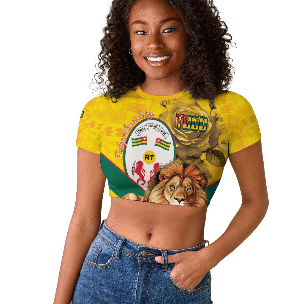 Happy Togo Independence Day Raglan Cropped T shirt Lion With Coat Of Arms - Kente Pattern