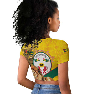Happy Togo Independence Day Raglan Cropped T shirt Lion With Coat Of Arms - Kente Pattern