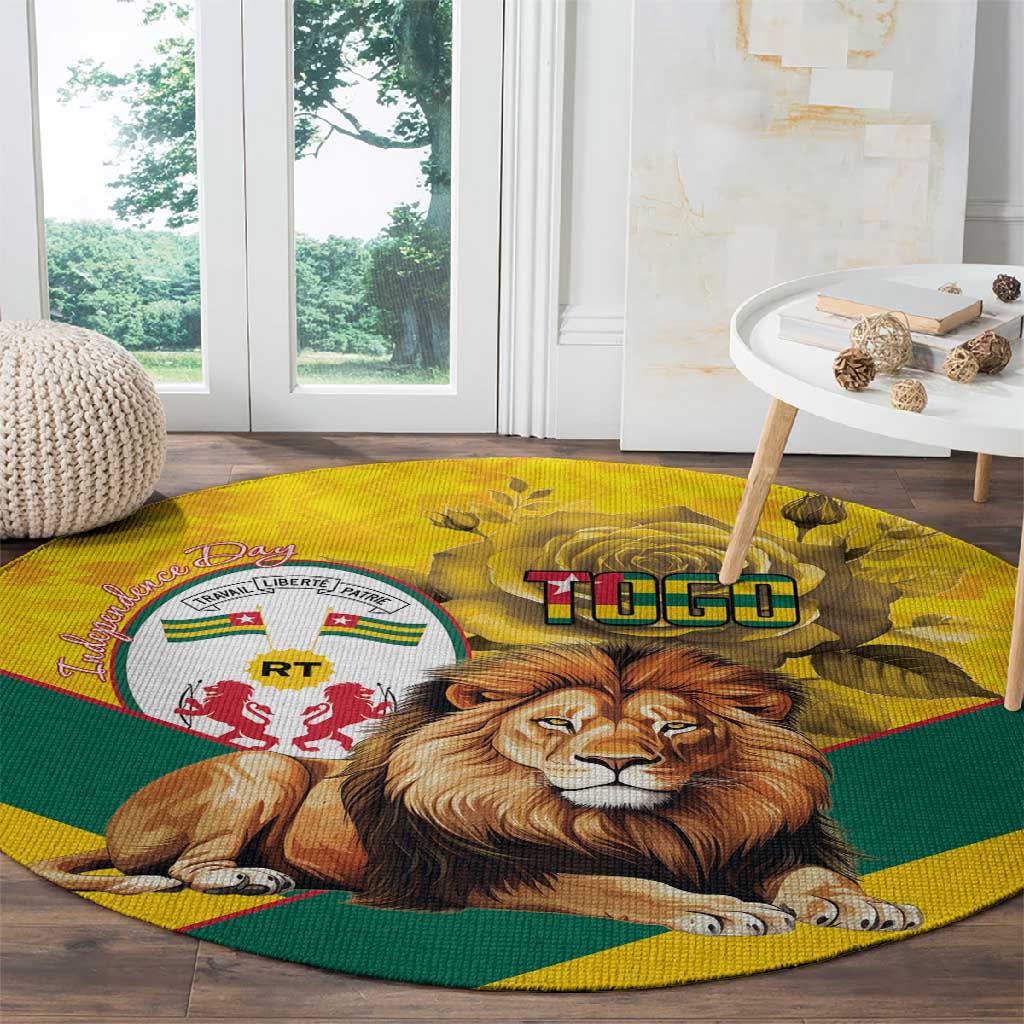 Happy Togo Independence Day Round Carpet Lion With Coat Of Arms - Kente Pattern