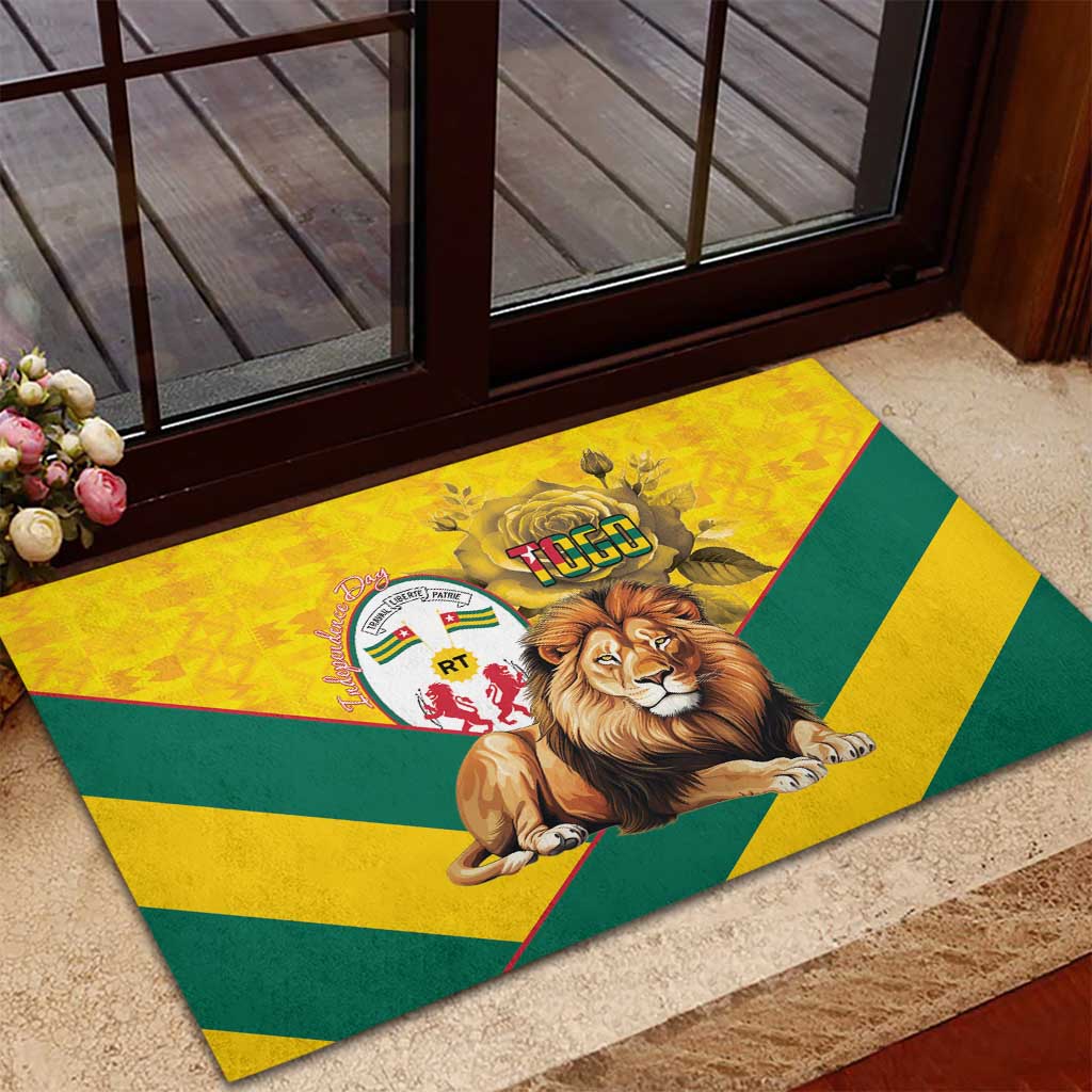 Happy Togo Independence Day Rubber Doormat Lion With Coat Of Arms - Kente Pattern