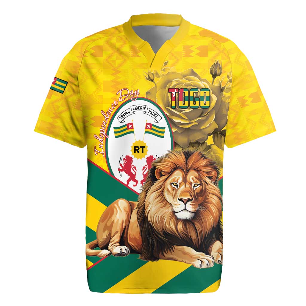 Happy Togo Independence Day Rugby Jersey Lion With Coat Of Arms - Kente Pattern