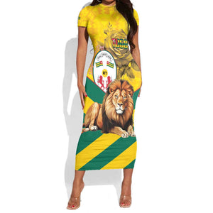 Happy Togo Independence Day Short Sleeve Bodycon Dress Lion With Coat Of Arms - Kente Pattern LT15