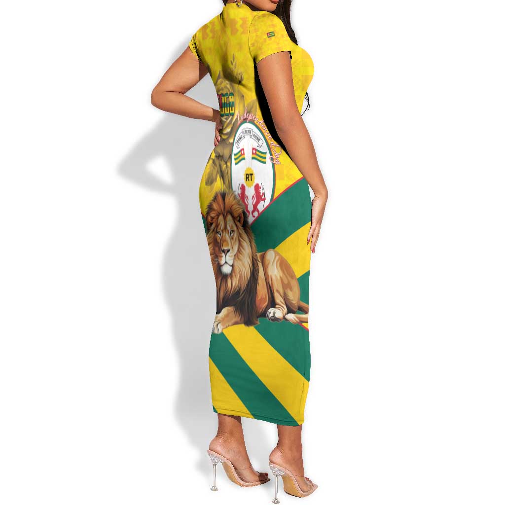 Happy Togo Independence Day Short Sleeve Bodycon Dress Lion With Coat Of Arms - Kente Pattern LT15