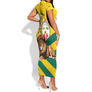 Happy Togo Independence Day Short Sleeve Bodycon Dress Lion With Coat Of Arms - Kente Pattern LT15