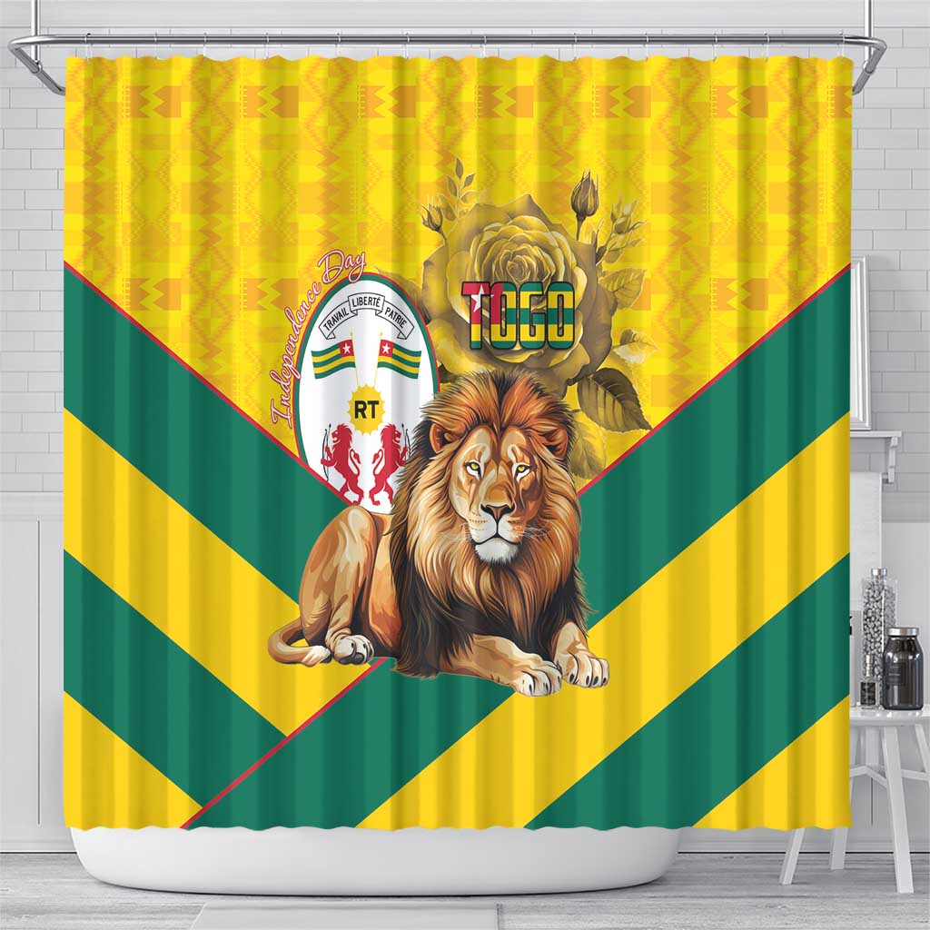 Happy Togo Independence Day Shower Curtain Lion With Coat Of Arms - Kente Pattern