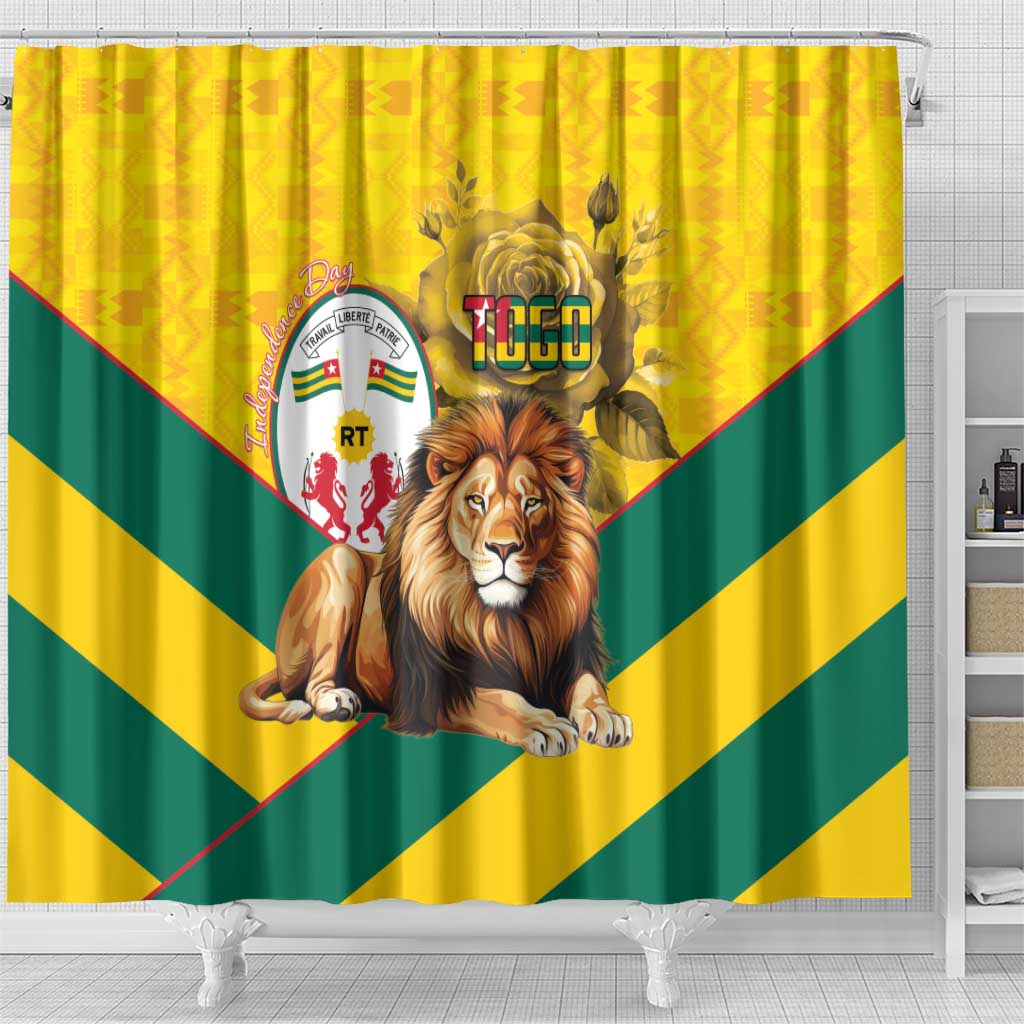Happy Togo Independence Day Shower Curtain Lion With Coat Of Arms - Kente Pattern