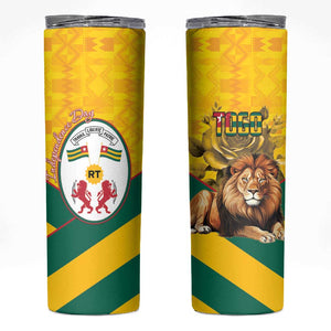 Happy Togo Independence Day Skinny Tumbler Lion With Coat Of Arms - Kente Pattern