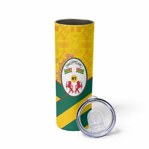 Happy Togo Independence Day Skinny Tumbler Lion With Coat Of Arms - Kente Pattern