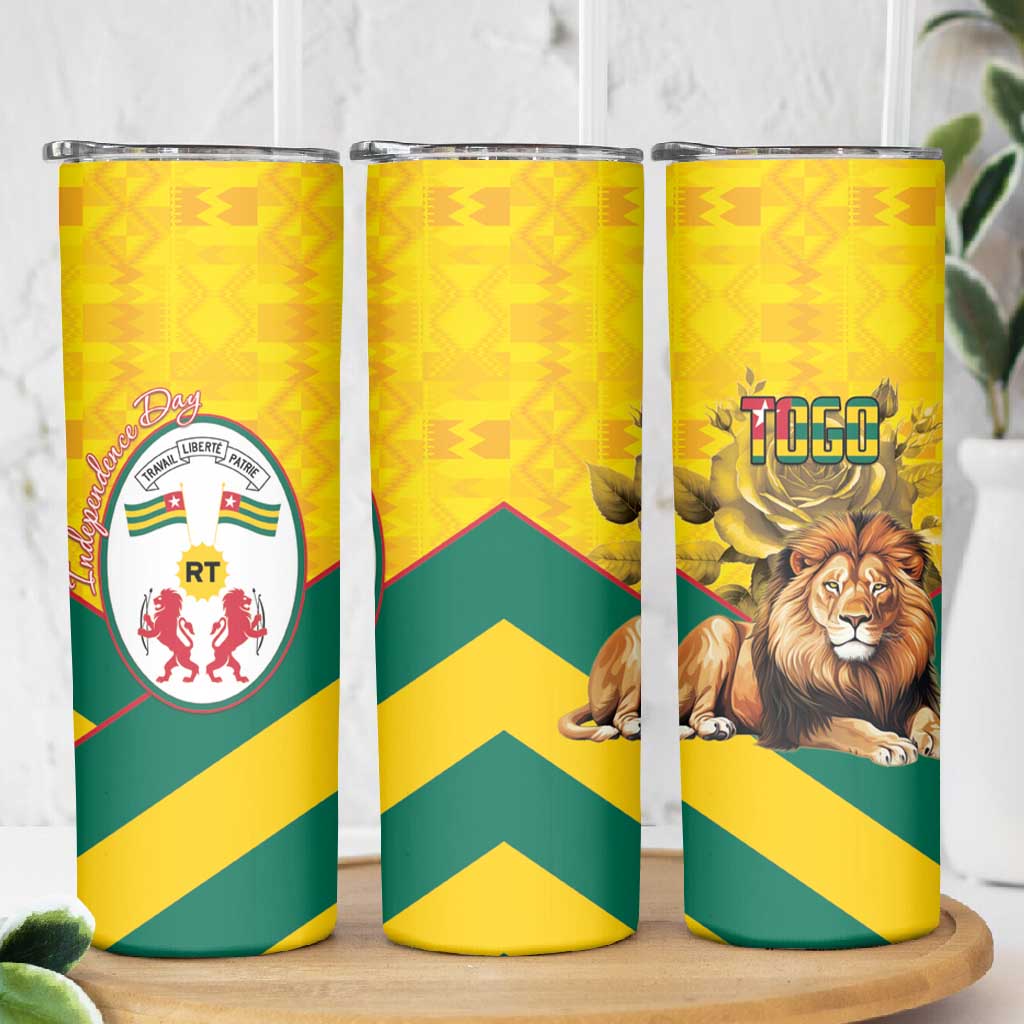 Happy Togo Independence Day Skinny Tumbler Lion With Coat Of Arms - Kente Pattern