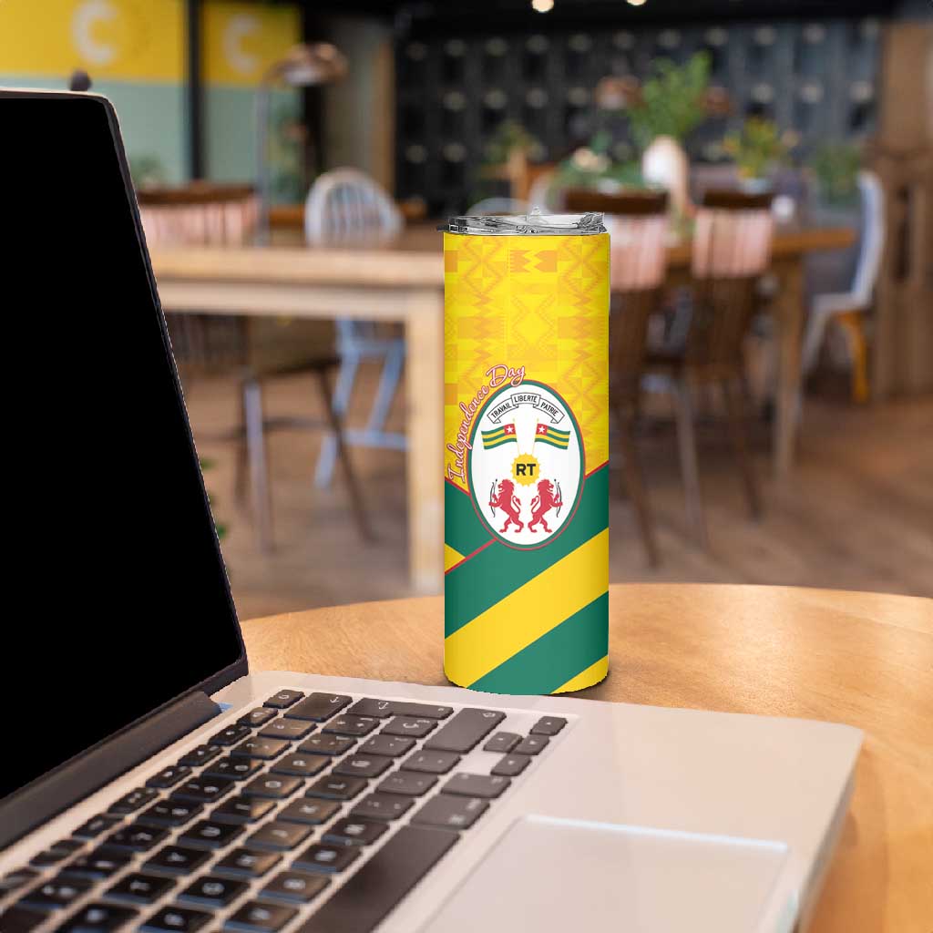 Happy Togo Independence Day Skinny Tumbler Lion With Coat Of Arms - Kente Pattern