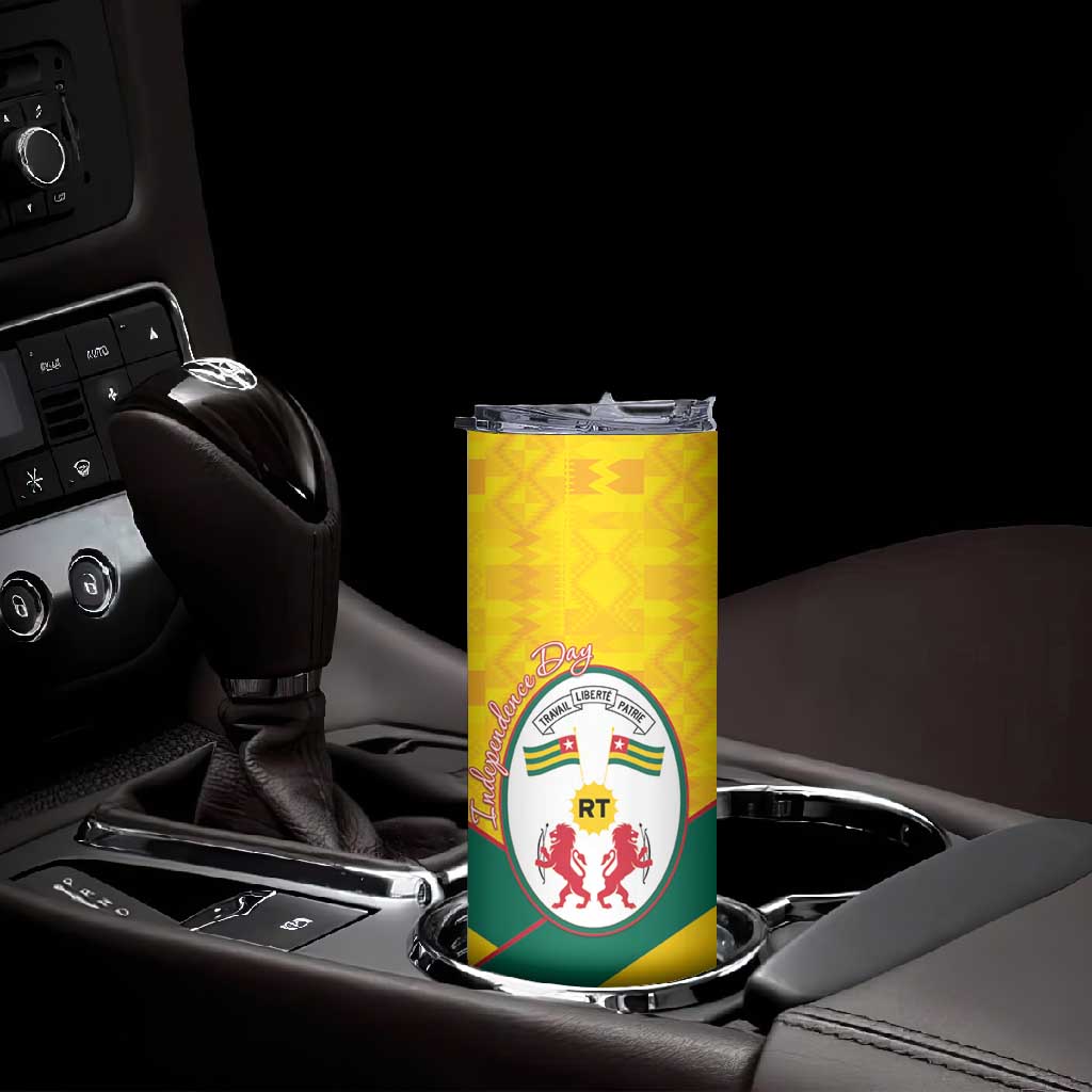 Happy Togo Independence Day Skinny Tumbler Lion With Coat Of Arms - Kente Pattern