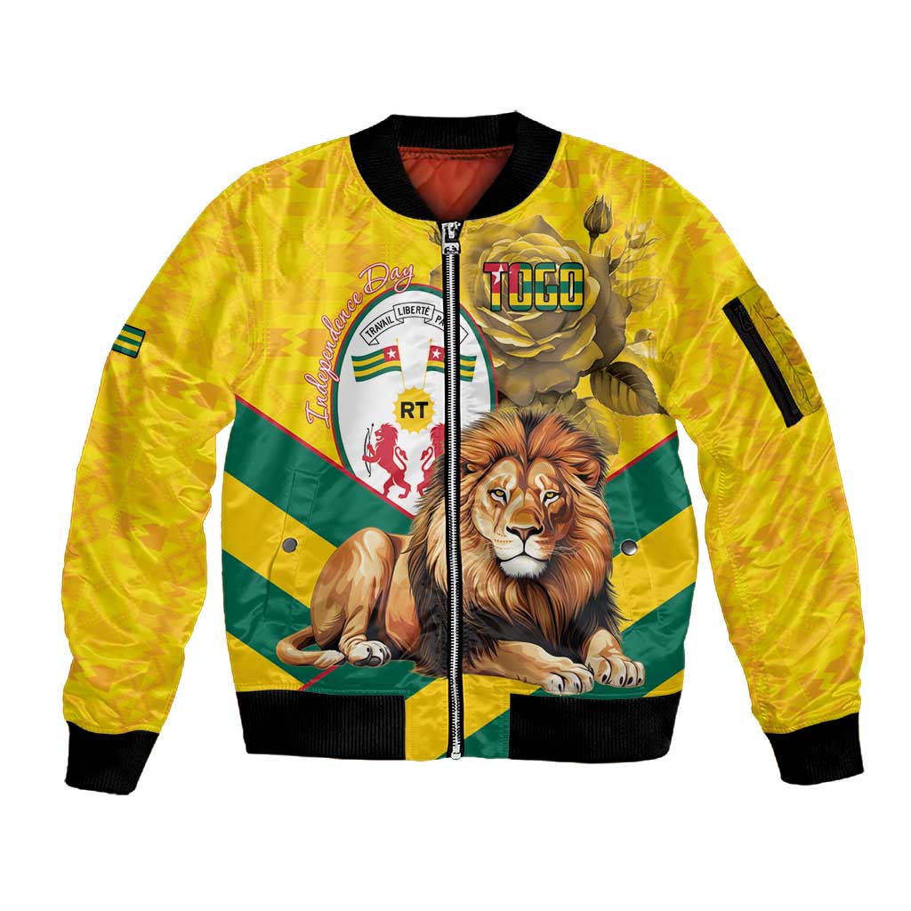 Happy Togo Independence Day Sleeve Zip Bomber Jacket Lion With Coat Of Arms - Kente Pattern