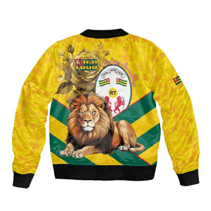 Happy Togo Independence Day Sleeve Zip Bomber Jacket Lion With Coat Of Arms - Kente Pattern