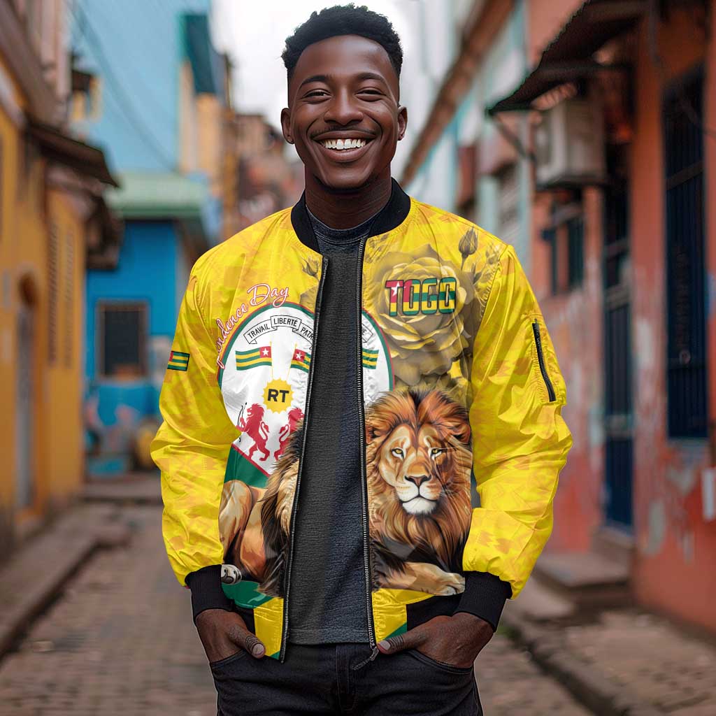 Happy Togo Independence Day Sleeve Zip Bomber Jacket Lion With Coat Of Arms - Kente Pattern