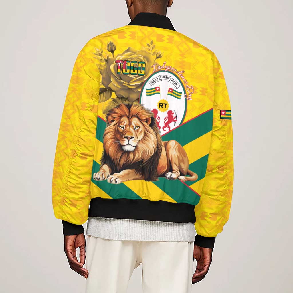 Happy Togo Independence Day Sleeve Zip Bomber Jacket Lion With Coat Of Arms - Kente Pattern