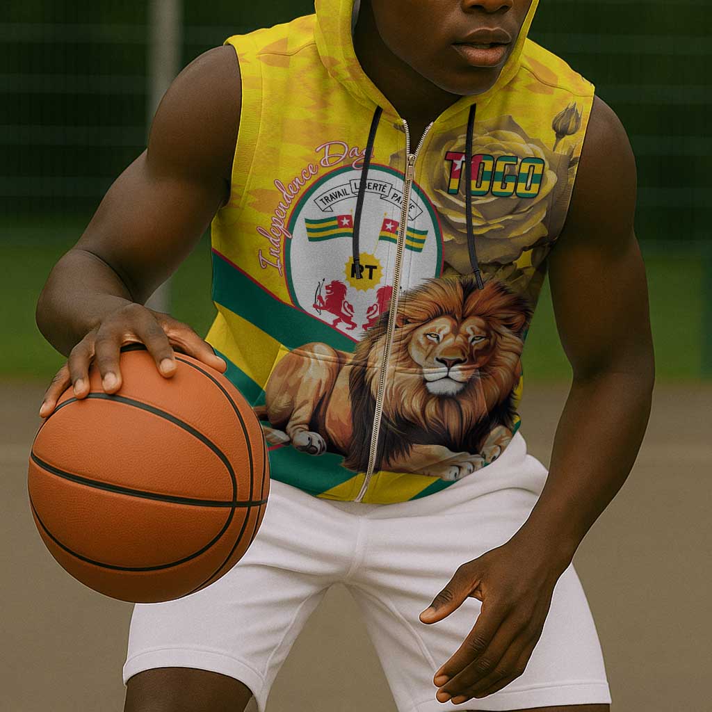 Happy Togo Independence Day Sleeveless Zip Hoodie Lion With Coat Of Arms - Kente Pattern - African Pride