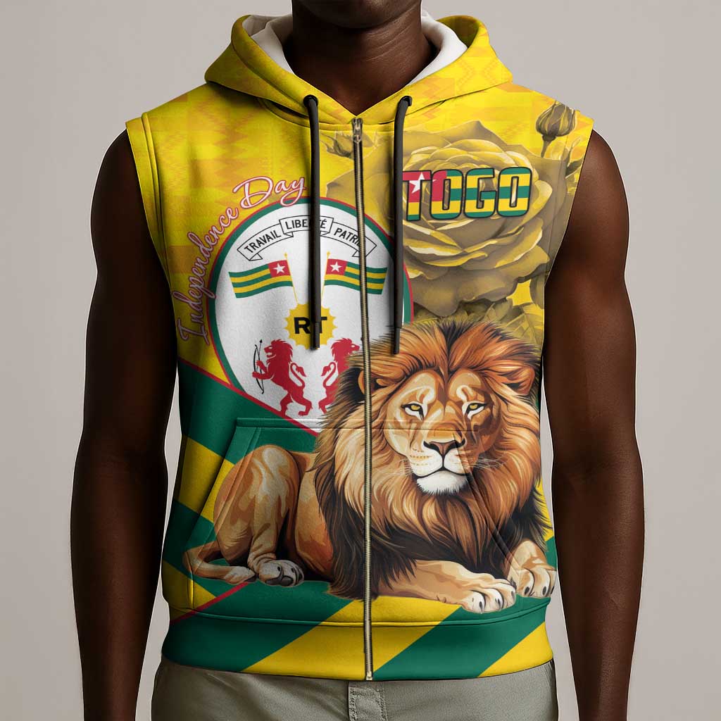 Happy Togo Independence Day Sleeveless Zip Hoodie Lion With Coat Of Arms - Kente Pattern - African Pride