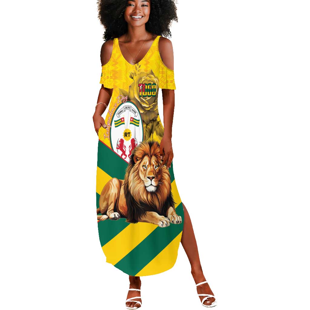 Happy Togo Independence Day Summer Maxi Dress Lion With Coat Of Arms - Kente Pattern