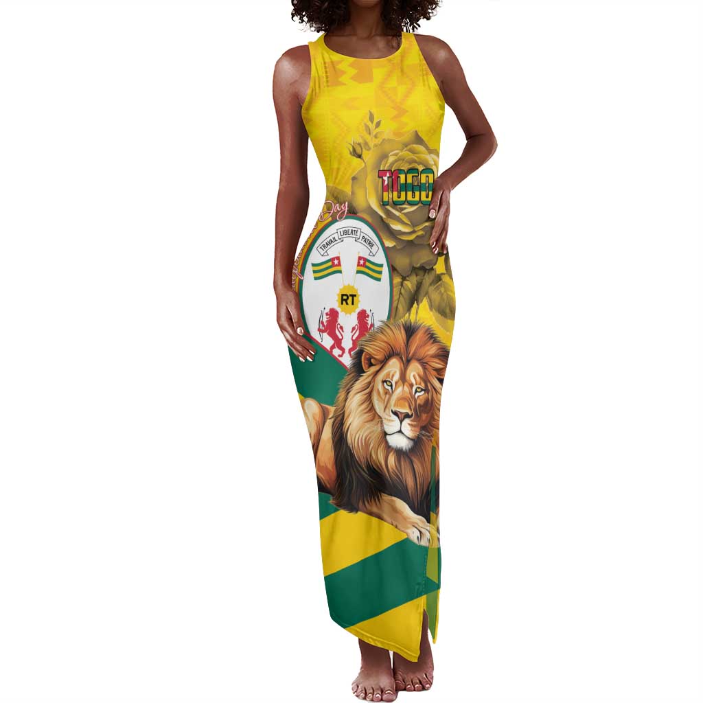 Happy Togo Independence Day Tank Maxi Dress Lion With Coat Of Arms - Kente Pattern