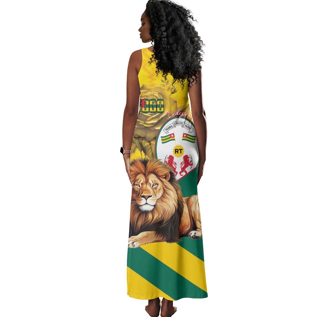 Happy Togo Independence Day Tank Maxi Dress Lion With Coat Of Arms - Kente Pattern