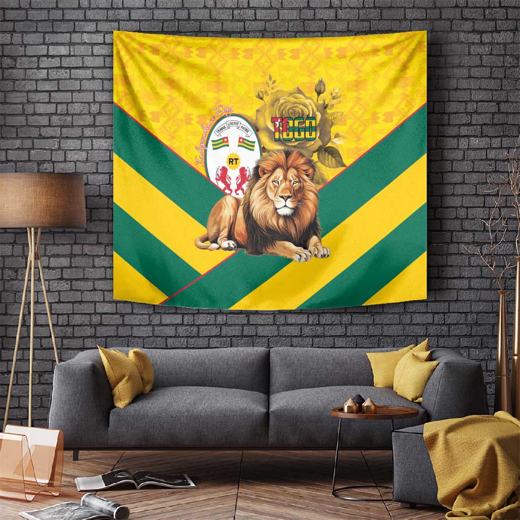 Happy Togo Independence Day Tapestry Lion With Coat Of Arms - Kente Pattern